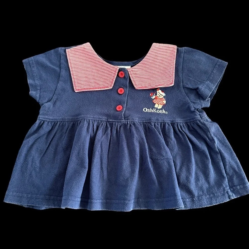 Vintage OshKosh B’Gosh Baby Girls‎ 2T Navy Blue Sailor Knit Top Embroidered Bear